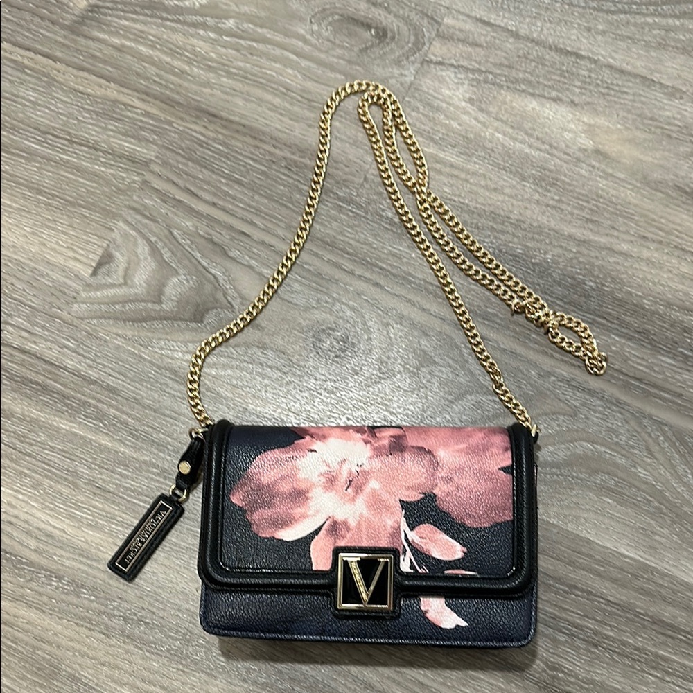 Victorias Secret Black and Pink Crossbody Bag with Gold Accents